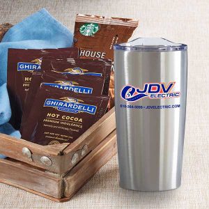 Logo travel mug customer gift with coffee and cocoa
